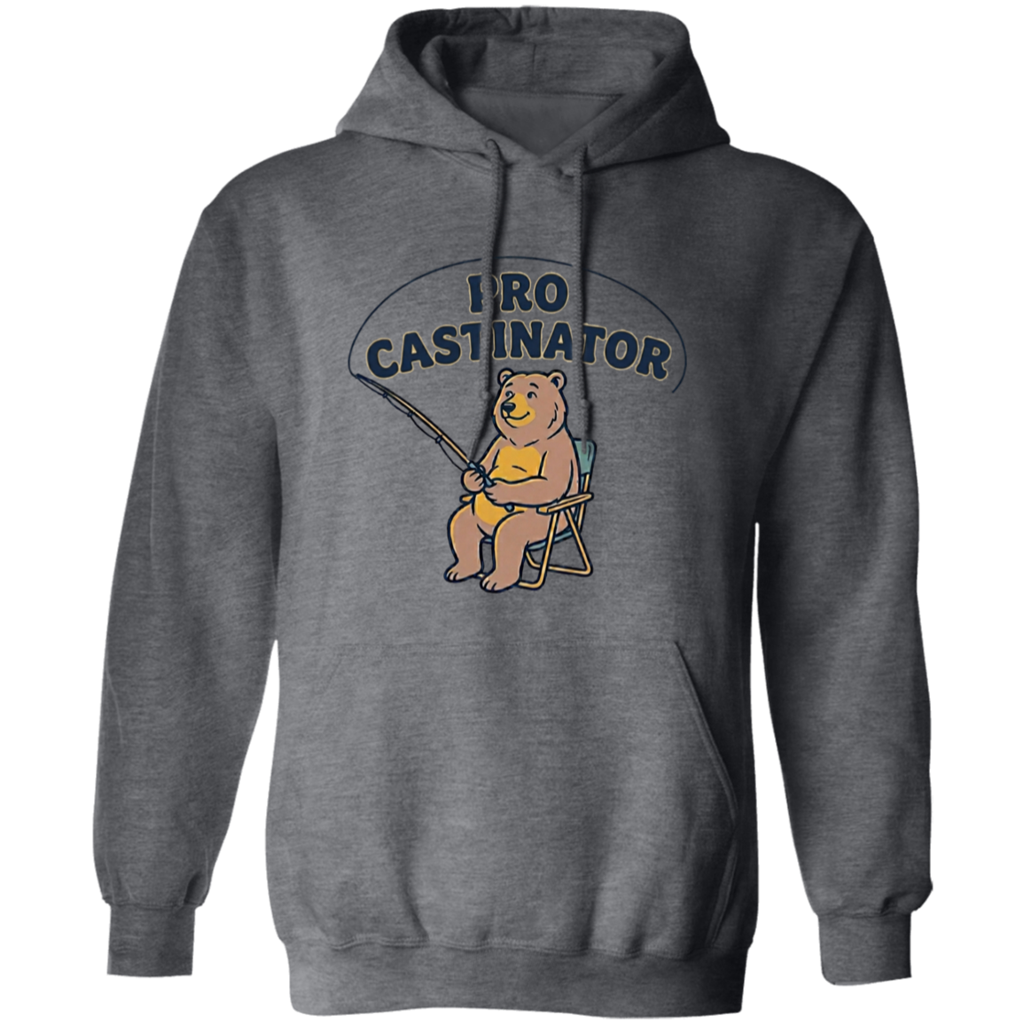 Dark heather color Pro Castinator funny fishing hoodie for men and women – bear fishing graphic  
