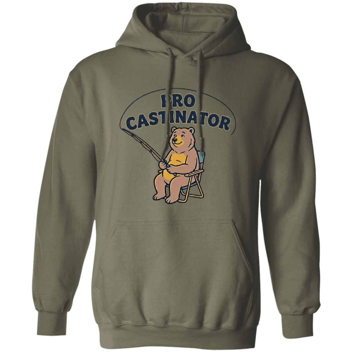 Military green color Pro Castinator funny fishing hoodie for men and women – bear fishing graphic 
