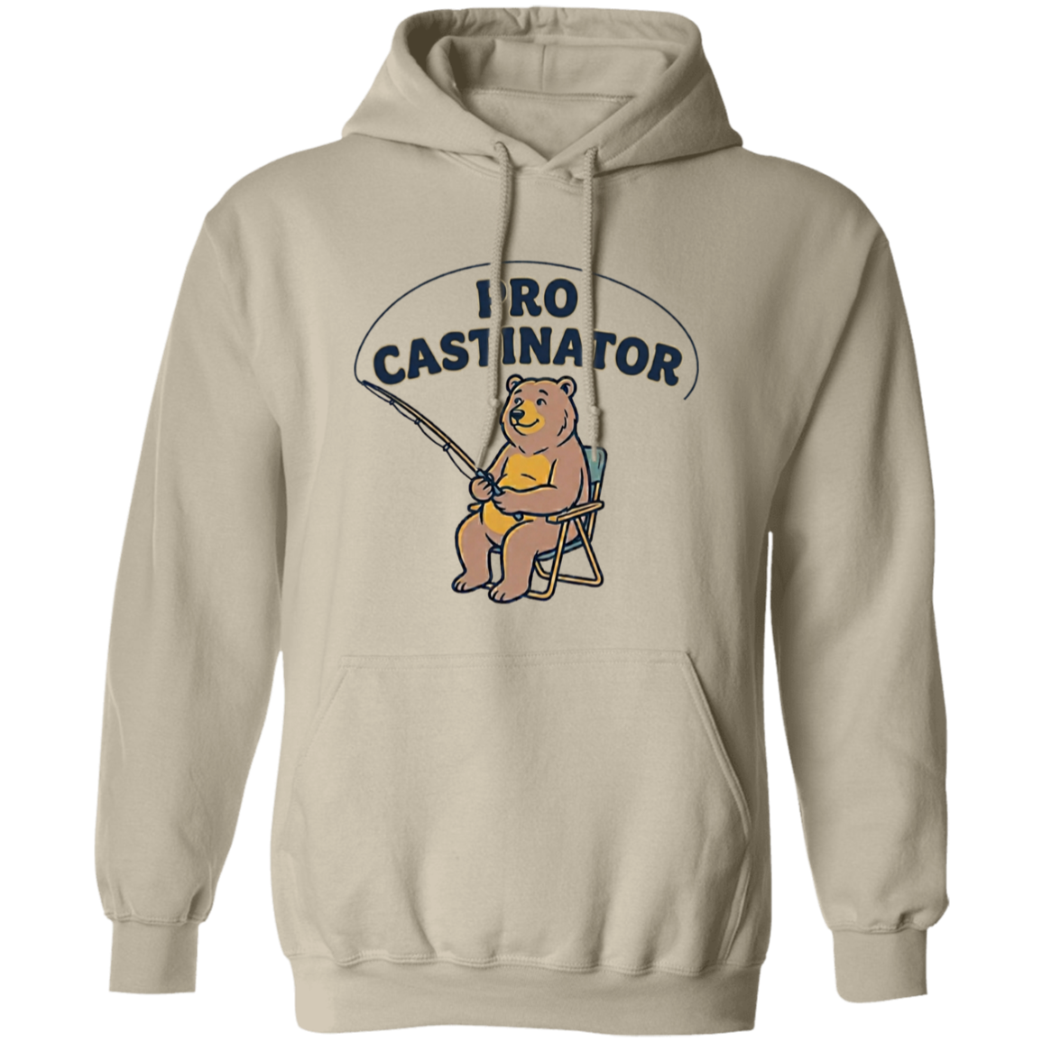 Sand color Pro Castinator funny fishing hoodie for men and women – bear fishing graphic  
