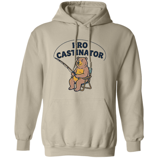 Sand color Pro Castinator funny fishing hoodie for men and women – bear fishing graphic  
