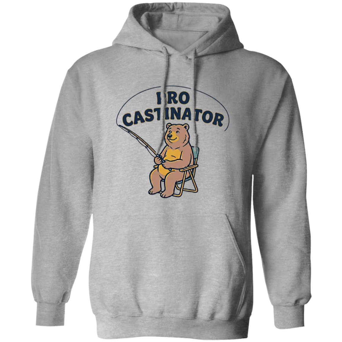 Sport grey color Pro Castinator funny fishing hoodie for men and women – bear fishing graphic 
