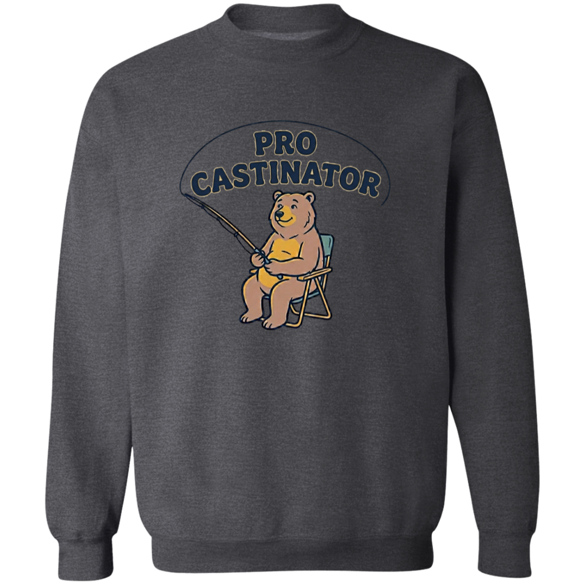 Dark heather color Pro Castinator funny fishing sweatshirt for men and women – bear fishing graphic