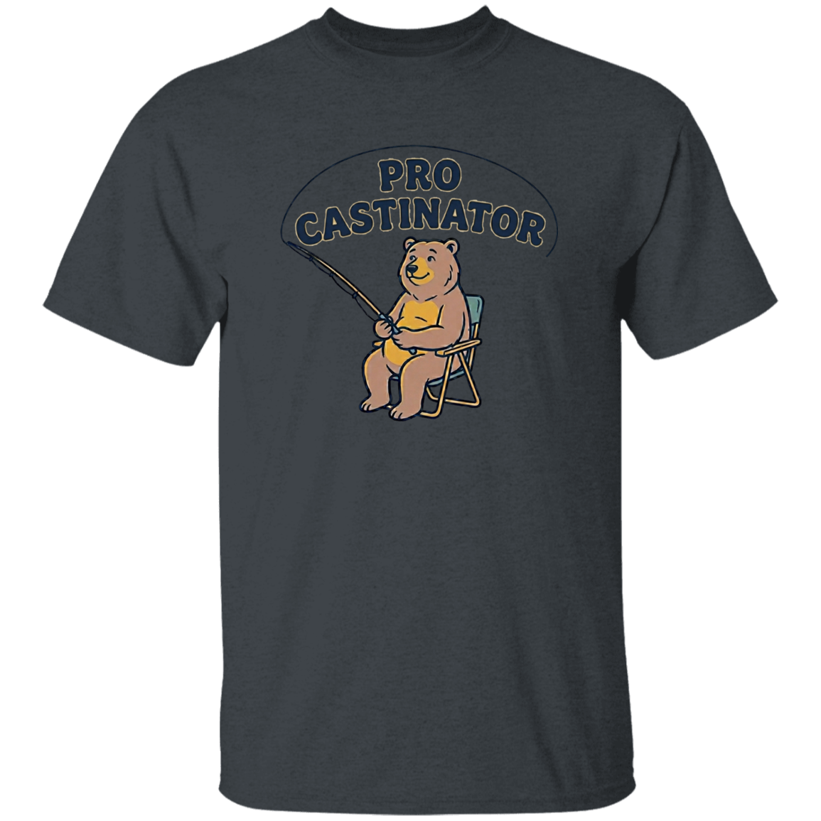 Dark heather color Pro Castinator funny fishing t-shirt for men and women – bear fishing graphic  
