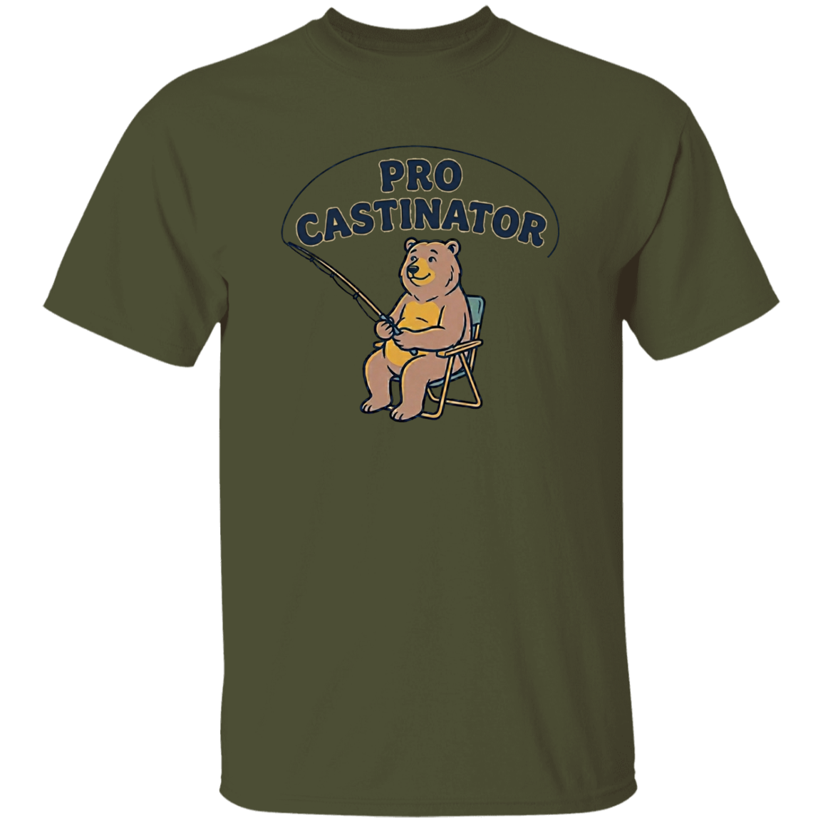 Military green color Pro Castinator funny fishing t-shirt for men and women – bear fishing graphic 
