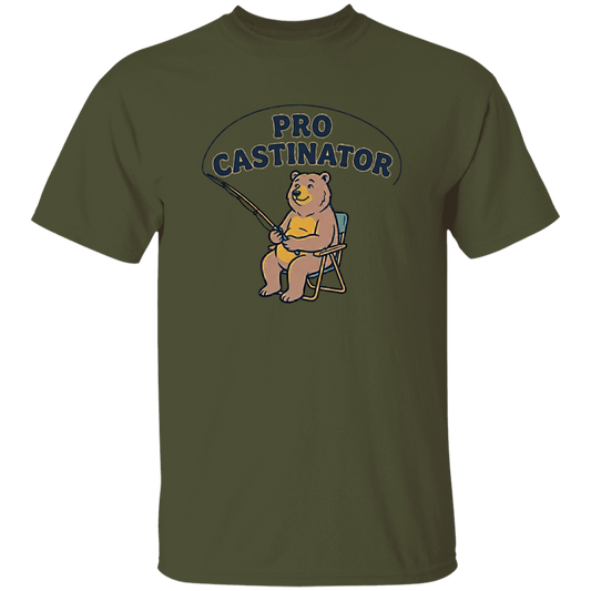 Military green color Pro Castinator funny fishing t-shirt for men and women – bear fishing graphic 
