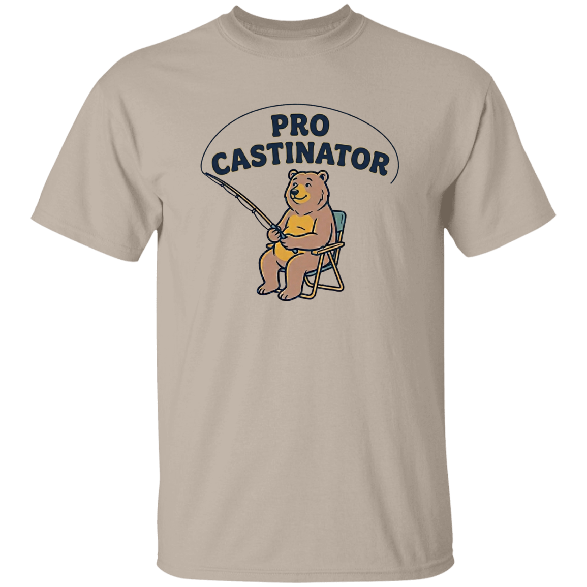 Sand color Pro Castinator funny fishing t-shirt for men and women – bear fishing graphic  
