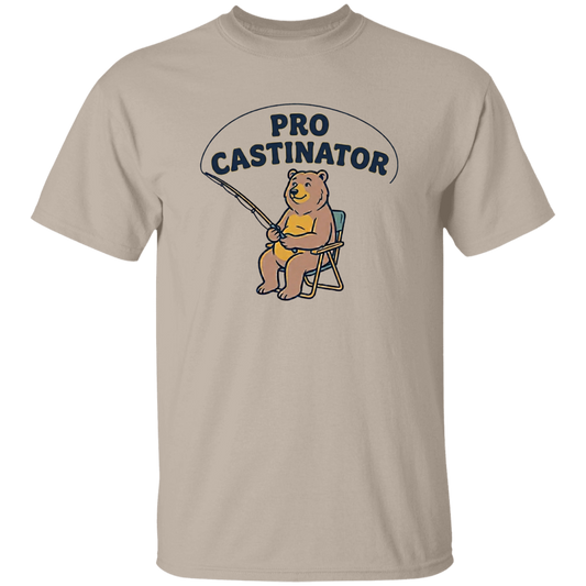 Sand color Pro Castinator funny fishing t-shirt for men and women – bear fishing graphic  
