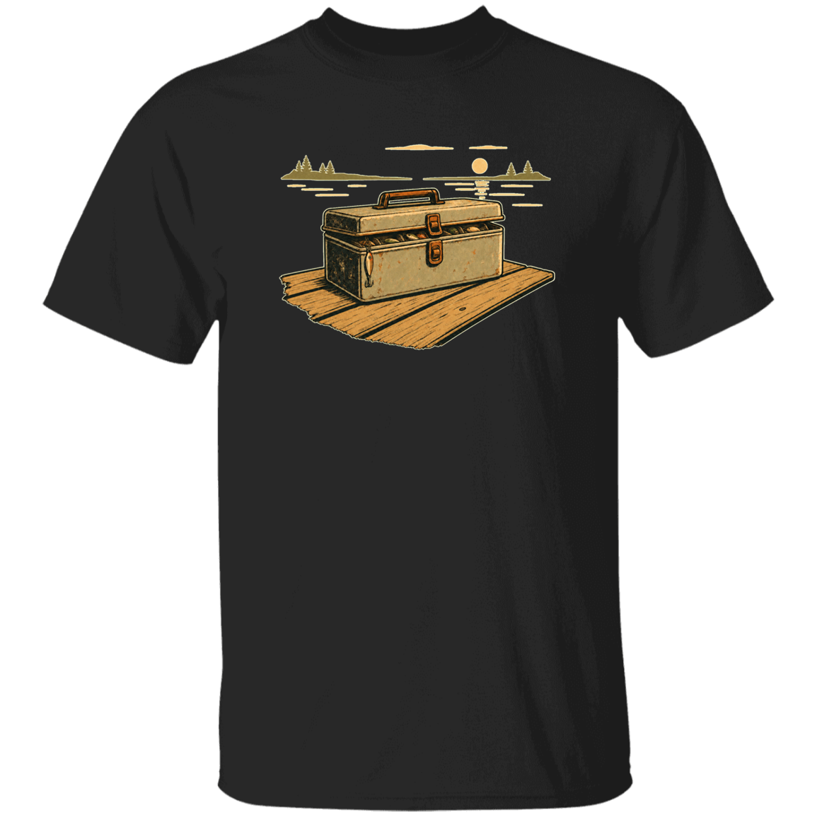 Black T-shirt Vintage tackle box art on dock at sunset — retro fishing gear graphic for anglers, men's & women's fishing apparel