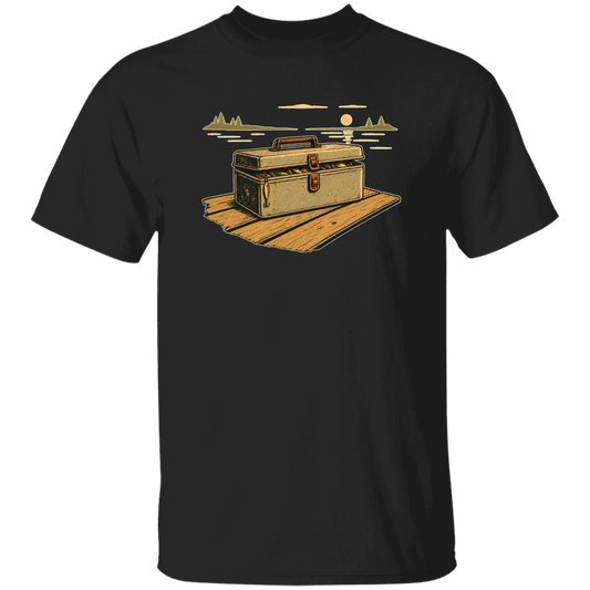 Black T-shirt Vintage tackle box art on dock at sunset — retro fishing gear graphic for anglers, men's & women's fishing apparel