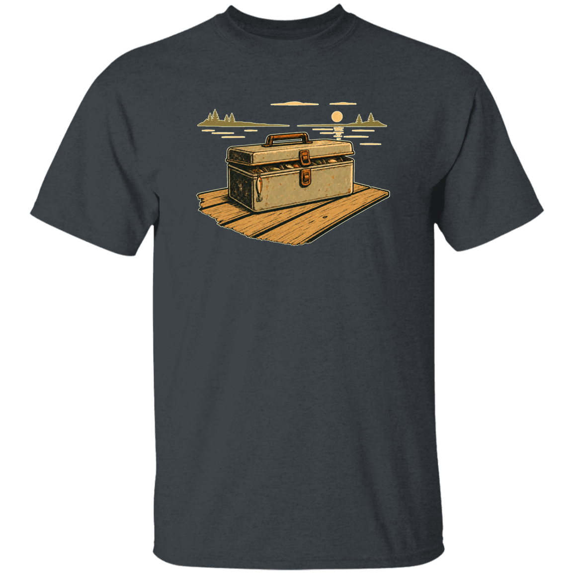 Dark Heather T-shirt Vintage tackle box art on dock at sunset — retro fishing gear graphic for anglers, men's & women's fishing apparel 