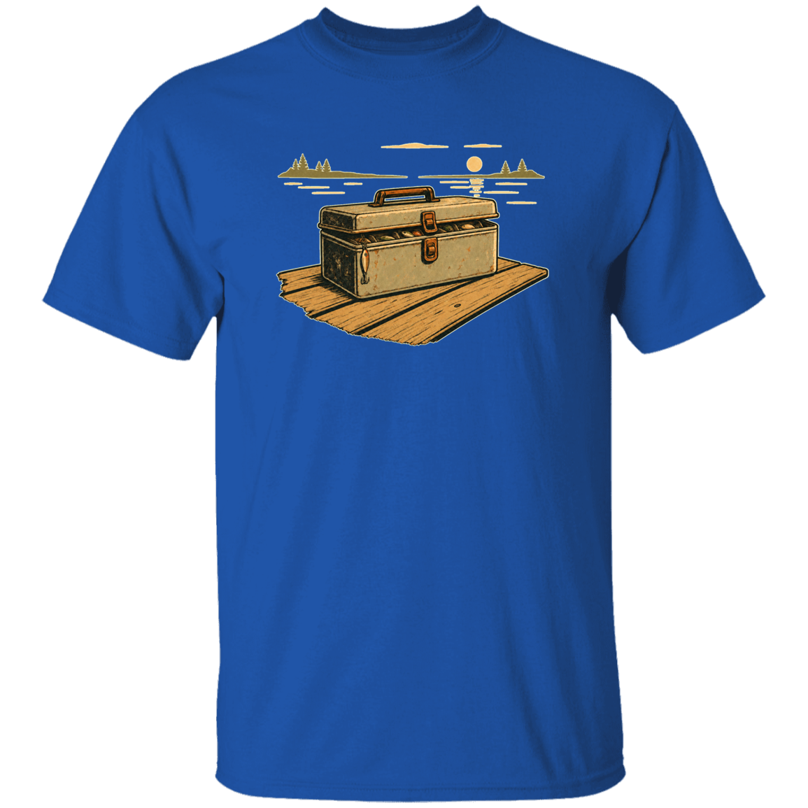 Royal T-shirt Vintage tackle box art on dock at sunset — retro fishing gear graphic for anglers, men's & women's fishing apparel