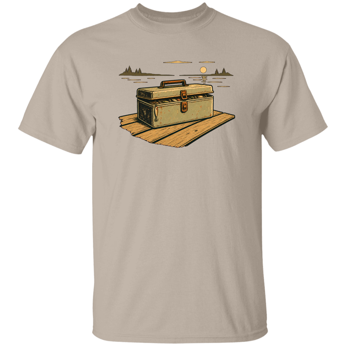 Sand T-shirt Vintage tackle box art on dock at sunset — retro fishing gear graphic for anglers, men's & women's fishing apparel 