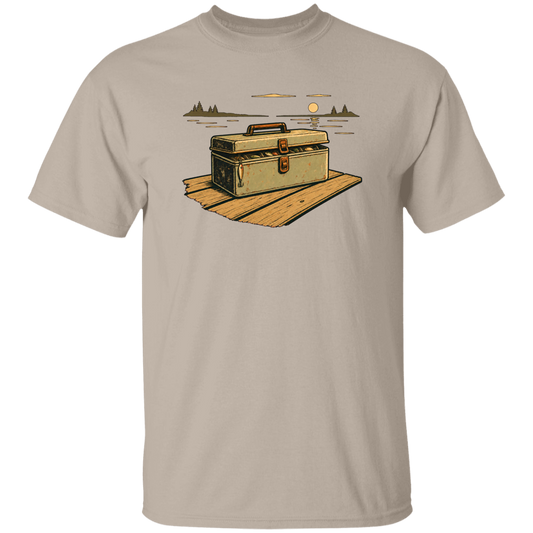 Sand T-shirt Vintage tackle box art on dock at sunset — retro fishing gear graphic for anglers, men's & women's fishing apparel 