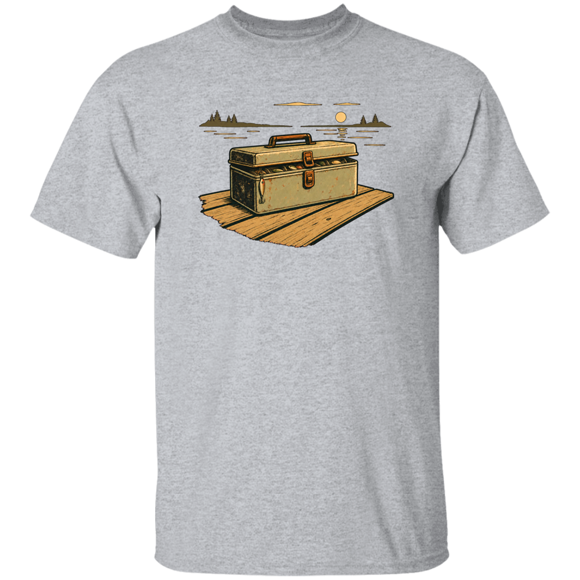 Sport Grey T-shirt Vintage tackle box art on dock at sunset — retro fishing gear graphic for anglers, men's & women's fishing apparel