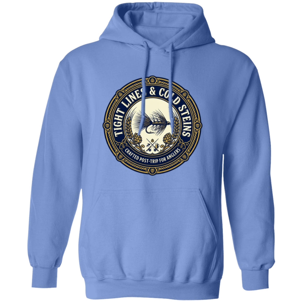 Carolina Blue color Tight Lines & Cold Steins fly fishing hoodie for anglers vintage badge graphic.
