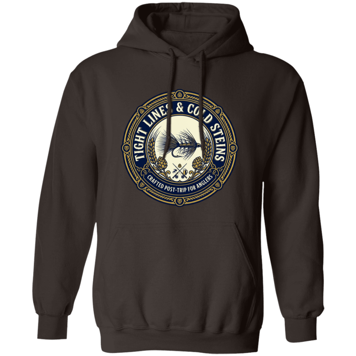 dark chocolate color Tight Lines & Cold Steins fly fishing hoodie for anglers vintage badge graphic.

