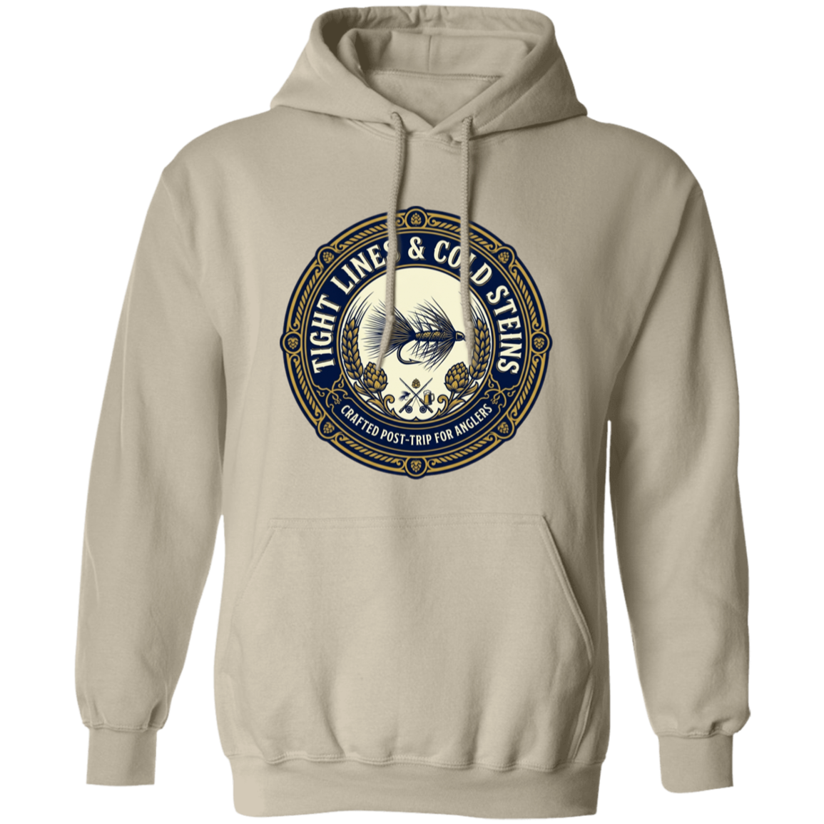 Sand color Tight Lines & Cold Steins fly fishing hoodie for anglers vintage badge graphic.
