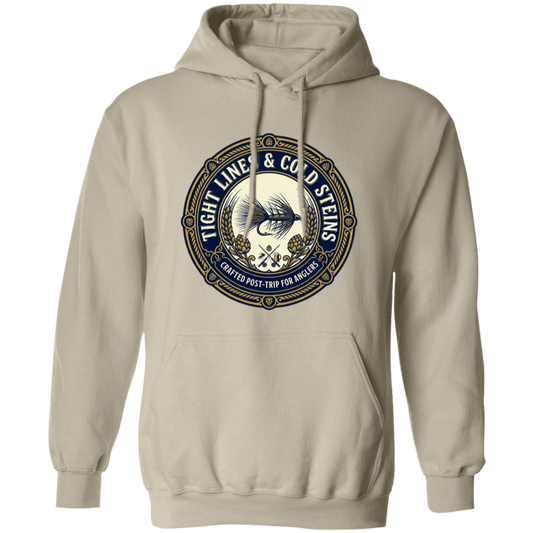 Sand color Tight Lines & Cold Steins fly fishing hoodie for anglers vintage badge graphic.

