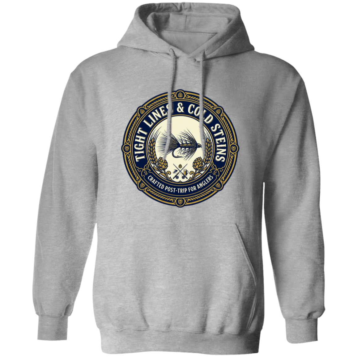 Sport Grey color Tight Lines & Cold Steins fly fishing hoodie for anglers vintage badge graphic.
