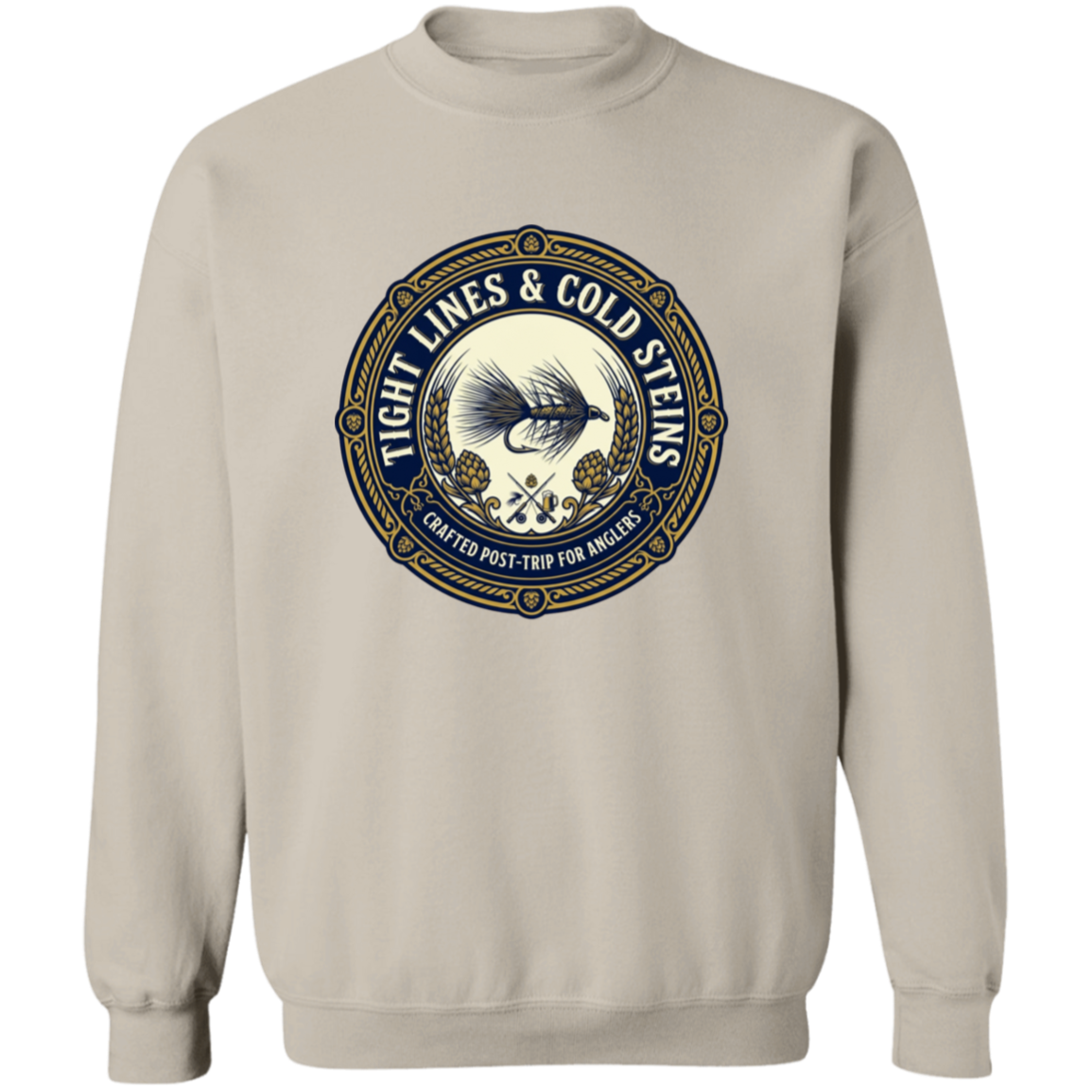Sand color Tight Lines & Cold Steins fly fishing sweatshirt for anglers vintage badge graphic.
