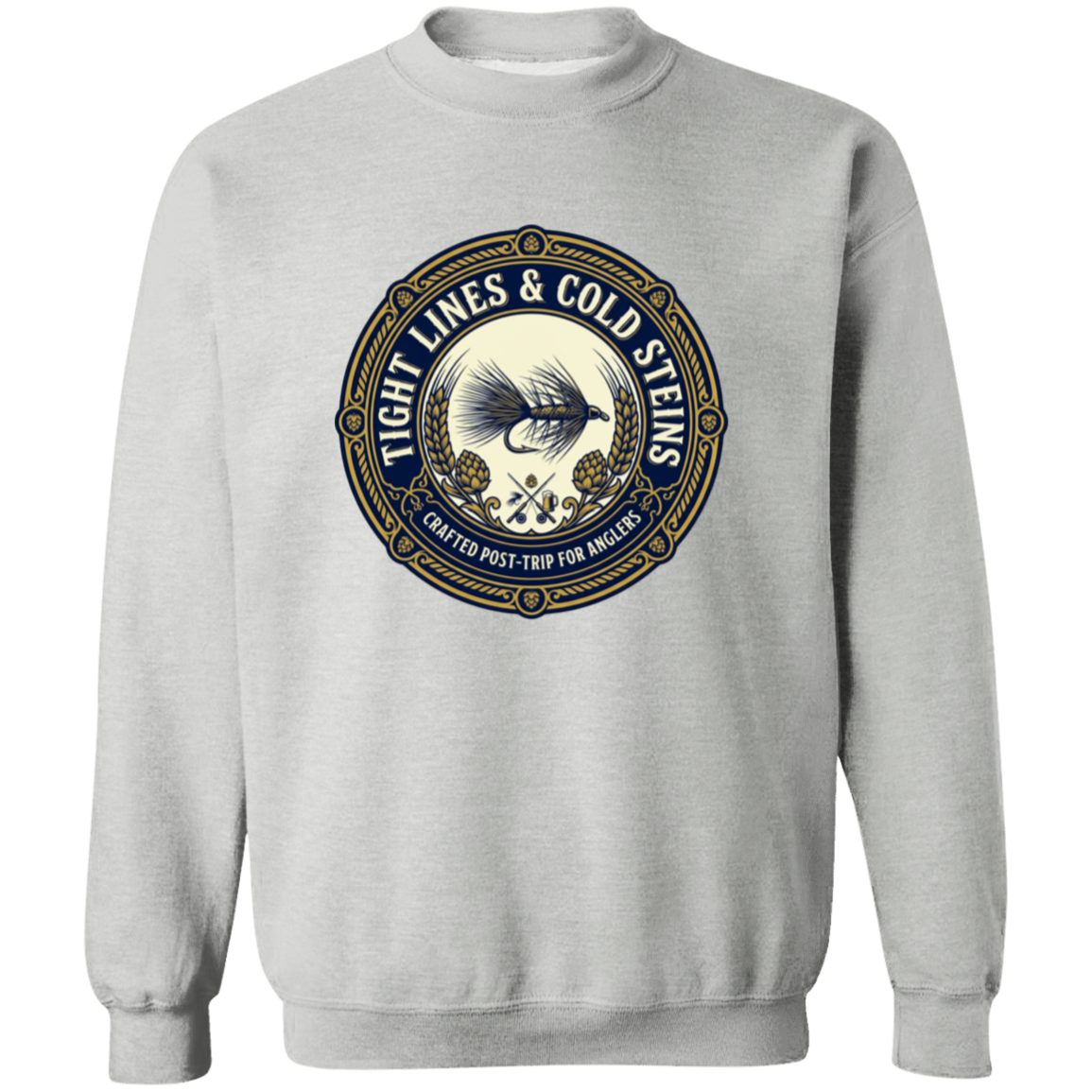 Sport Grey color Tight Lines & Cold Steins fly fishing sweatshirt for anglers vintage badge graphic.
