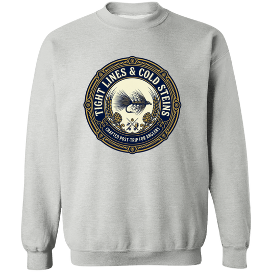 Sport Grey color Tight Lines & Cold Steins fly fishing sweatshirt for anglers vintage badge graphic.

