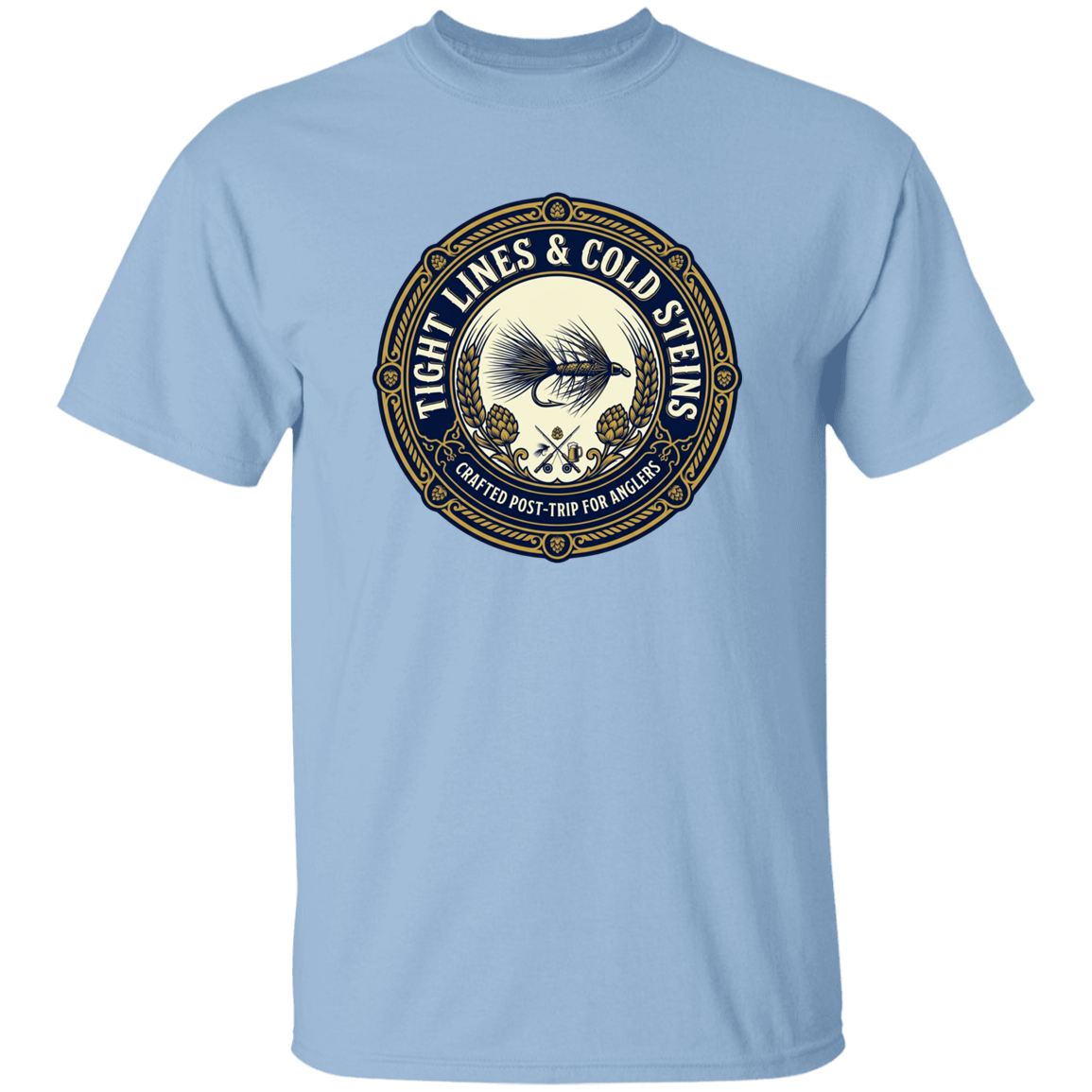 Light Blue color Tight Lines & Cold Steins fly fishing t-shirt for anglers vintage badge graphic.
