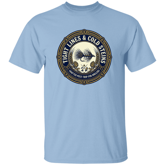 Light Blue color Tight Lines & Cold Steins fly fishing t-shirt for anglers vintage badge graphic.
