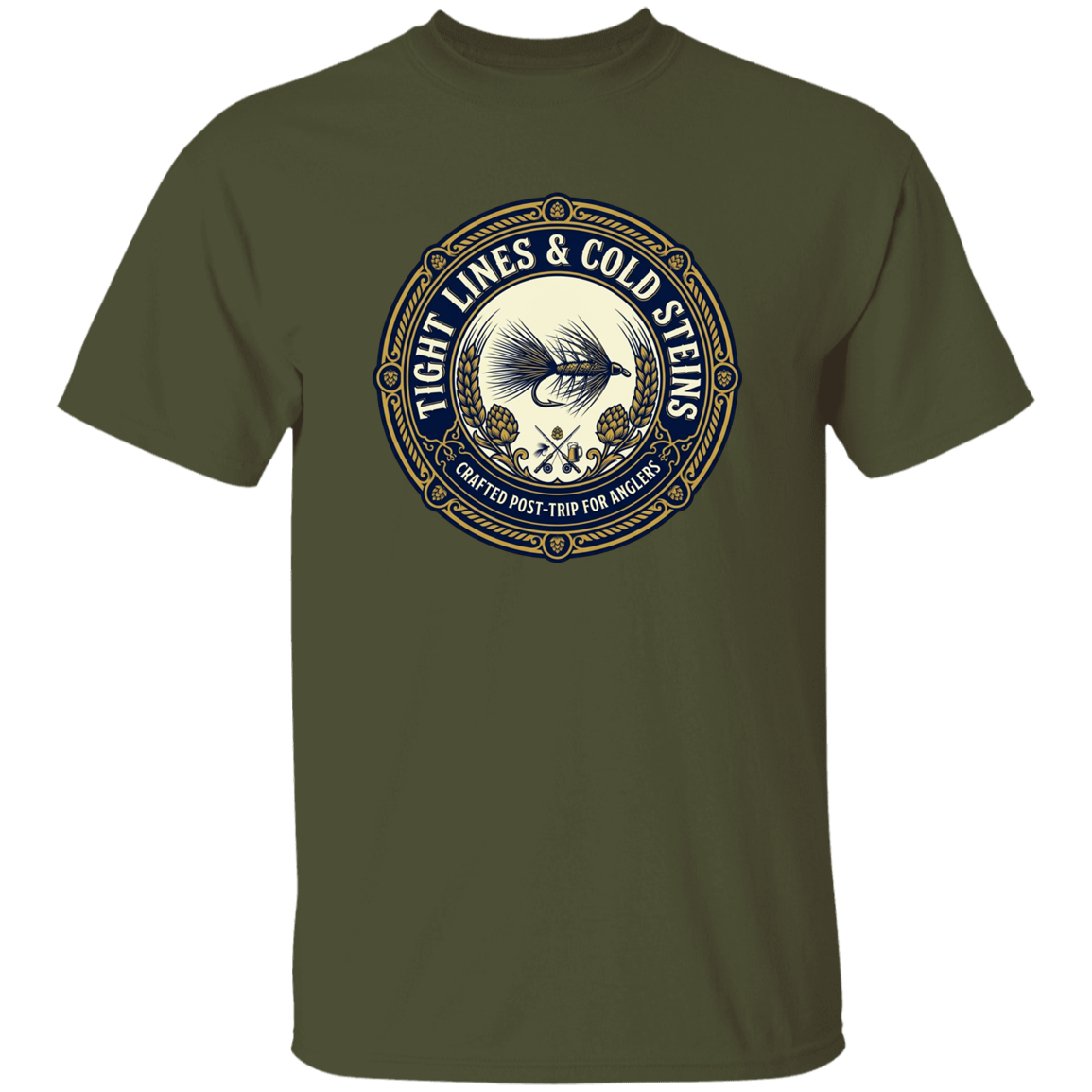 Military Green color Tight Lines & Cold Steins fly fishing t-shirt for anglers vintage badge graphic.
