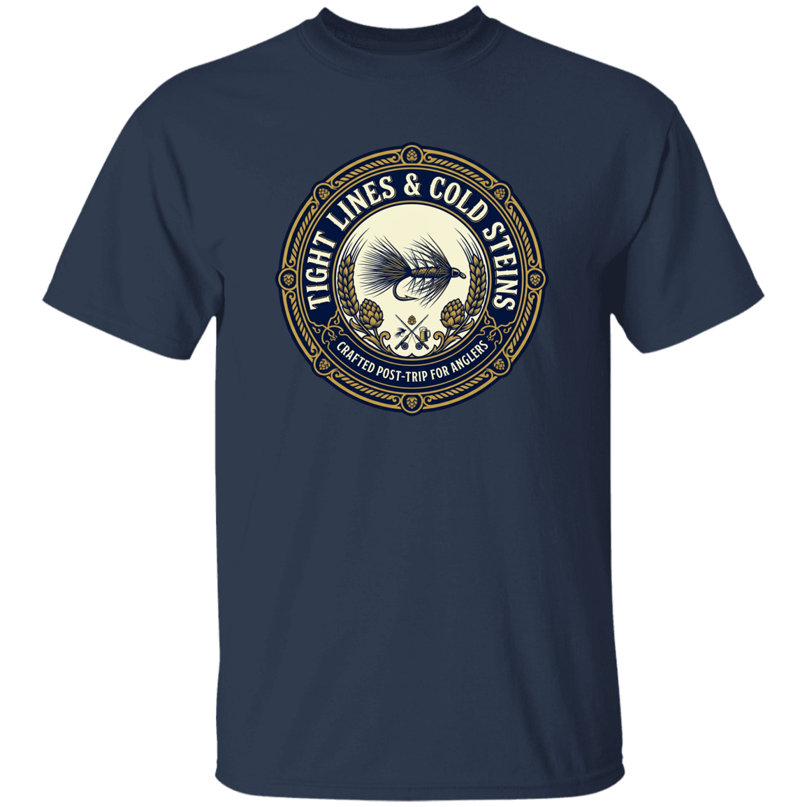 Navy color Tight Lines & Cold Steins fly fishing t-shirt for anglers vintage badge graphic.
