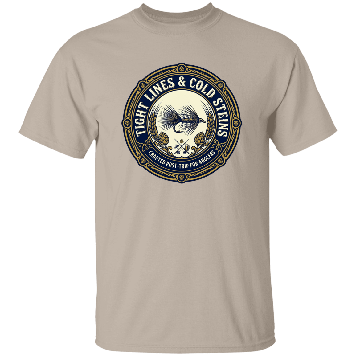 Sand color Tight Lines & Cold Steins fly fishing t-shirt for anglers vintage badge graphic.
