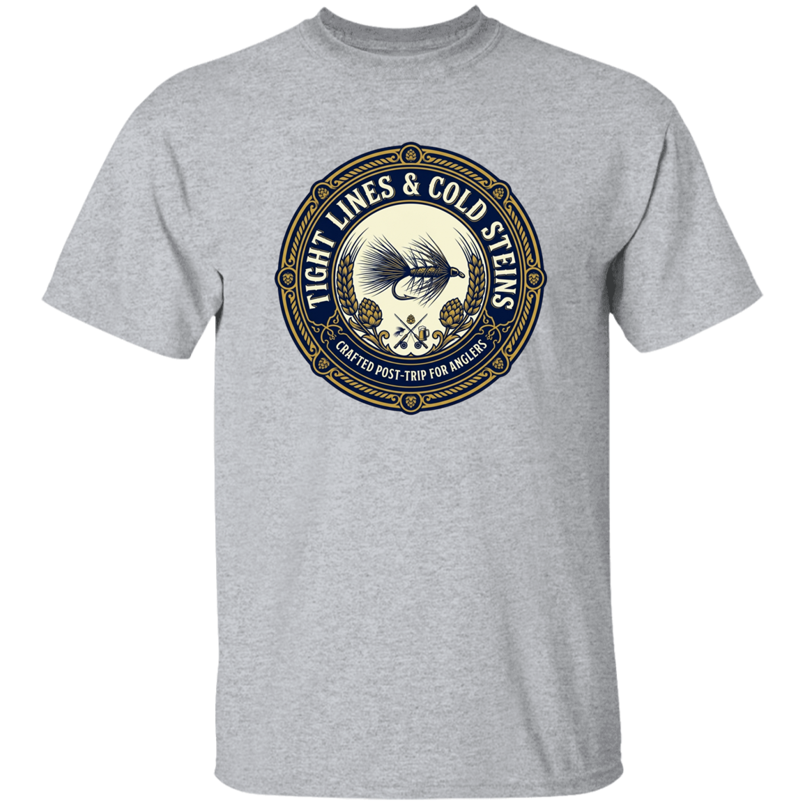 Sport Grey color Tight Lines & Cold Steins fly fishing t-shirt for anglers vintage badge graphic.
mage