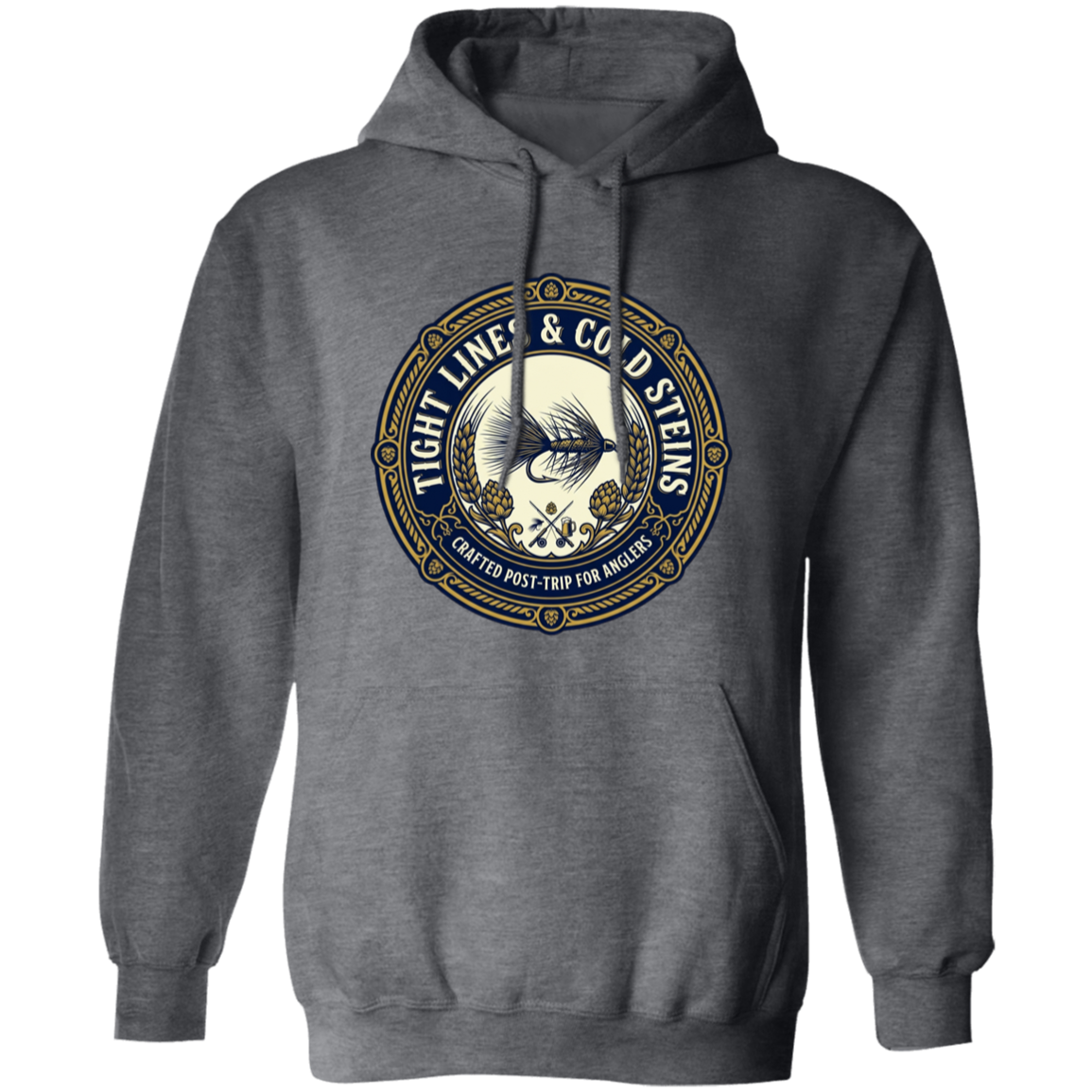 Dark Heather color Tight Lines & Cold Steins fly fishing hoodie for anglers vintage badge graphic.
