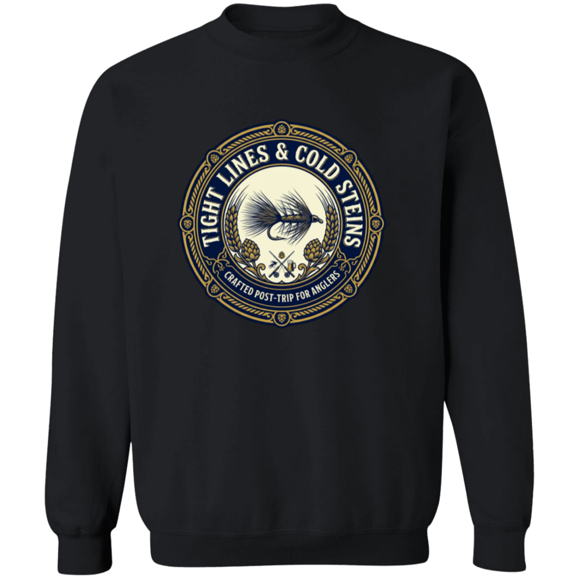 Black color Tight Lines & Cold Steins fly fishing sweatshirt for anglers vintage badge graphic.

