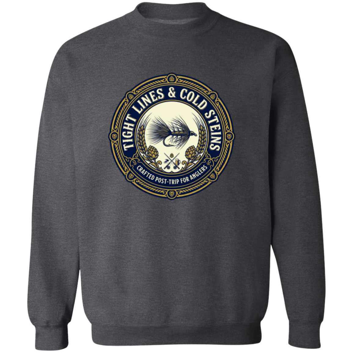 Dark Heather color Tight Lines & Cold Steins fly fishing sweatshirt for anglers vintage badge graphic.
