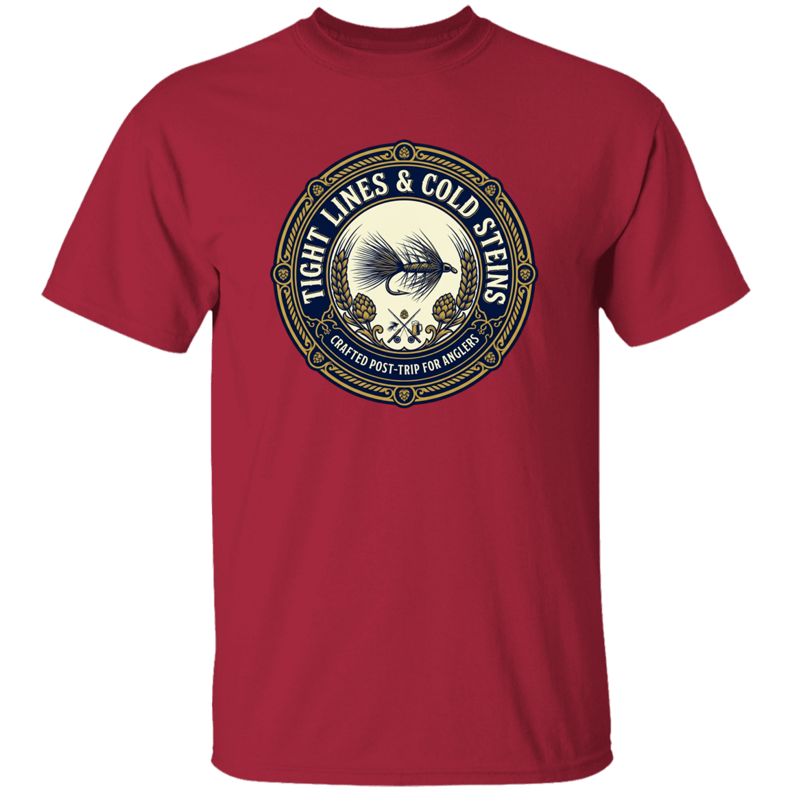 Cardinal color Tight Lines & Cold Steins fly fishing t-shirt for anglers vintage badge graphic.

