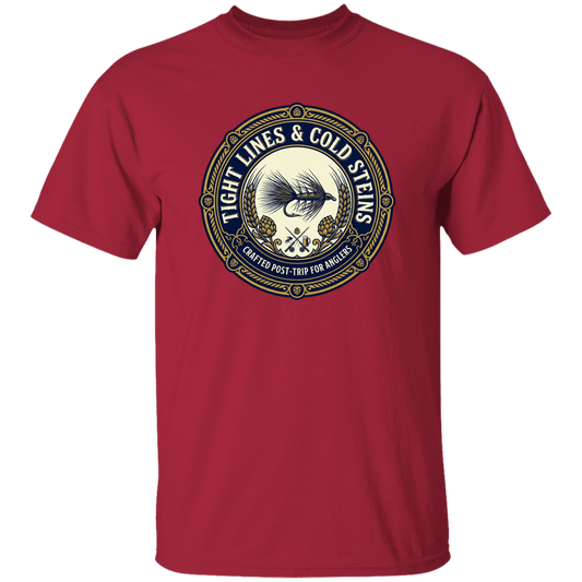 Cardinal color Tight Lines & Cold Steins fly fishing t-shirt for anglers vintage badge graphic.
