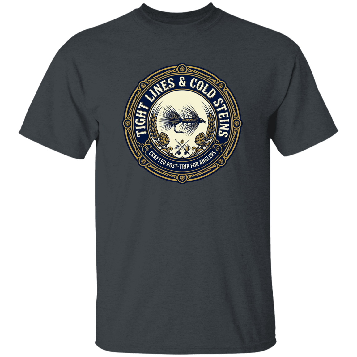 Dark Heather color Tight Lines & Cold Steins fly fishing t-shirt for anglers vintage badge graphic.
