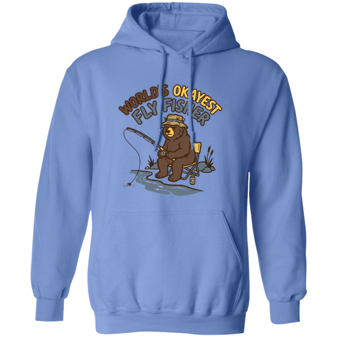 Carolina Blue color Funny fly fishing bear graphic Hoodie for men and women – World's Okayest Fly Fisher.
