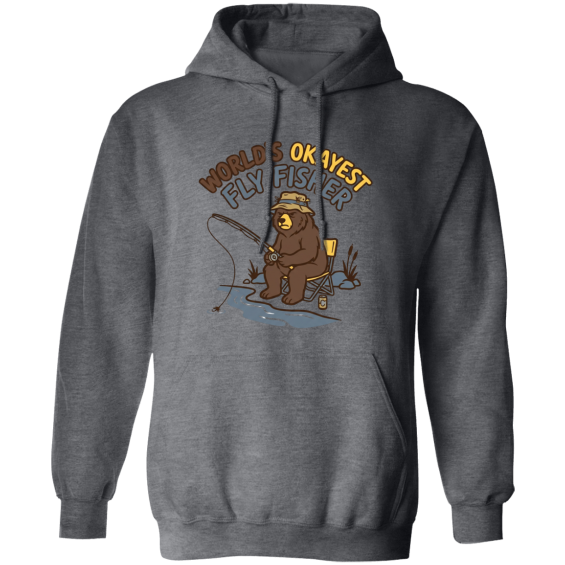 Dark Heather color Funny fly fishing bear graphic Hoodie for men and women – World's Okayest Fly Fisher.
