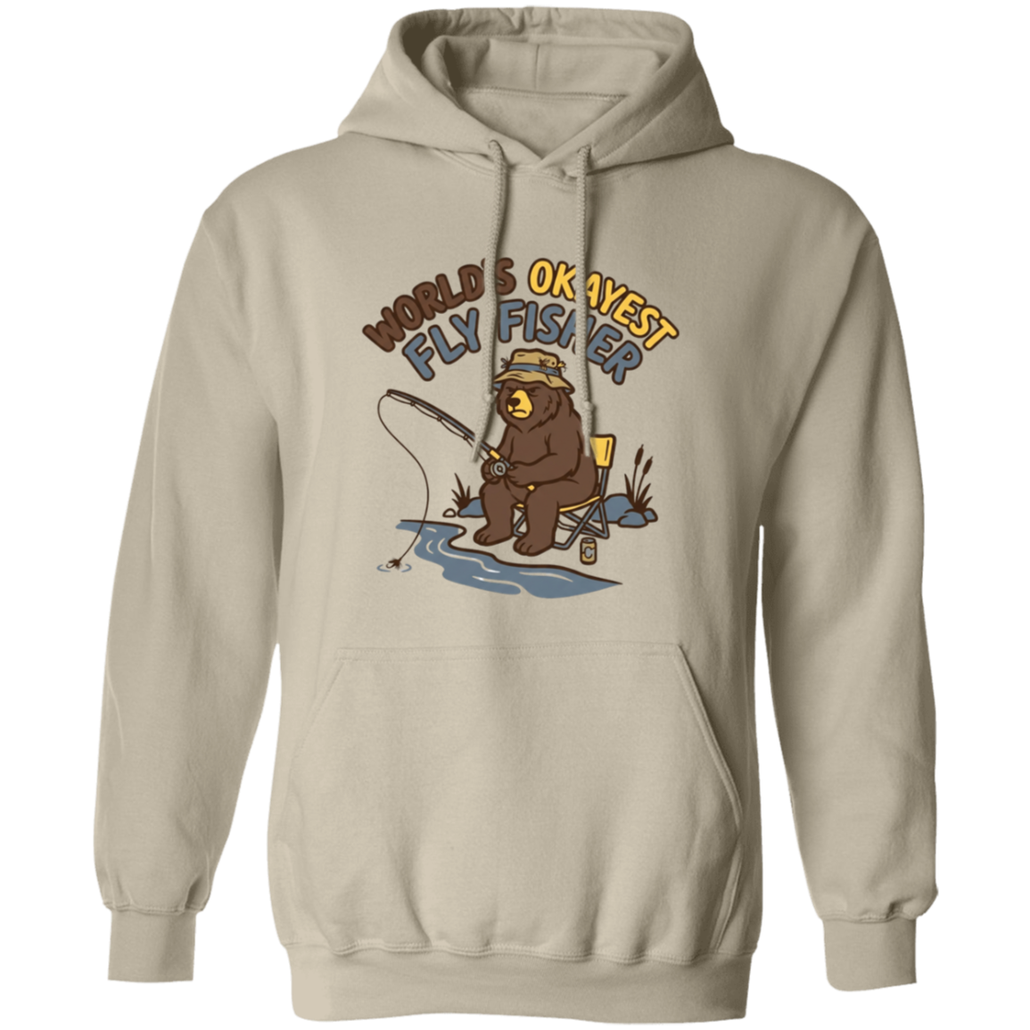 Sand color Funny fly fishing bear graphic Hoodie for men and women – World's Okayest Fly Fisher.
