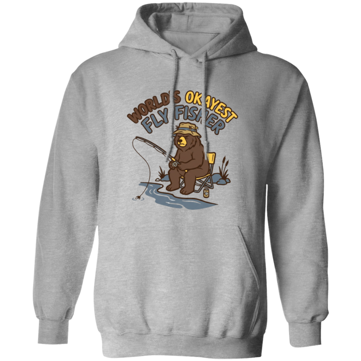 Sport Grey color Funny fly fishing bear graphic Hoodie for men and women – World's Okayest Fly Fisher.
