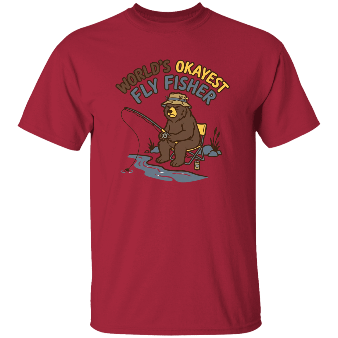 Cardinal color Funny fly fishing bear graphic t-shirt for men and women – World's Okayest Fly Fisher.
