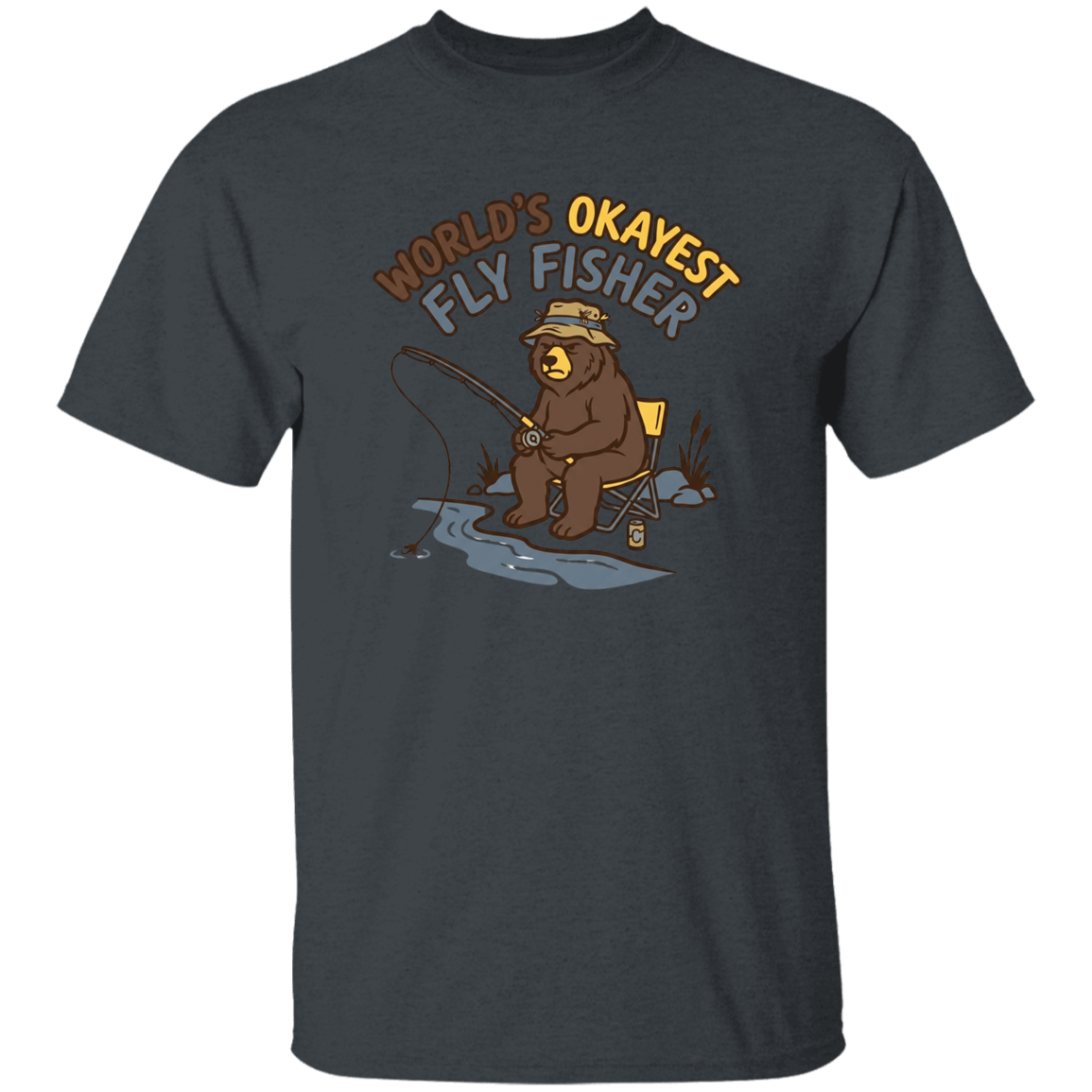 Dark Heather color Funny fly fishing bear graphic t-shirt for men and women – World's Okayest Fly Fisher.

