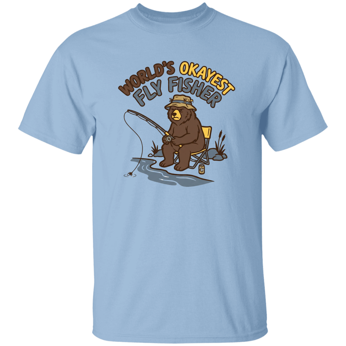 Light Blue color Funny fly fishing bear graphic t-shirt for men and women – World's Okayest Fly Fisher.
