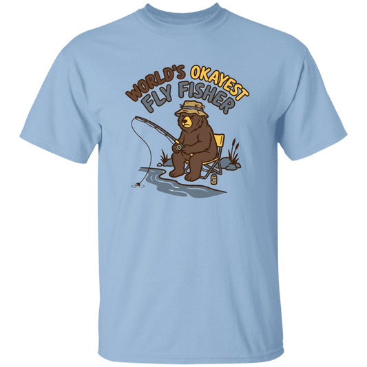 Light Blue color Funny fly fishing bear graphic t-shirt for men and women – World's Okayest Fly Fisher.
