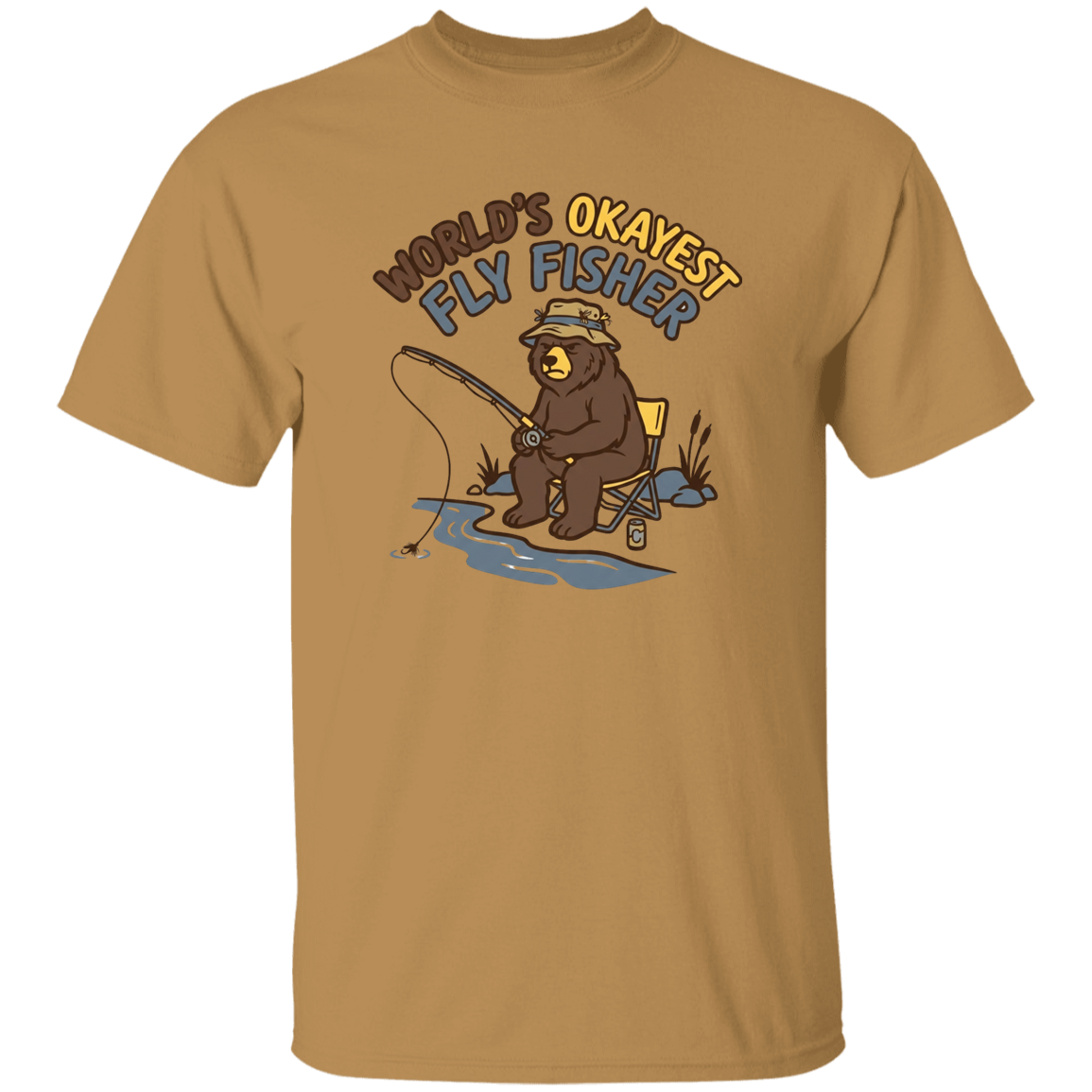 old gold color Funny fly fishing bear graphic t-shirt for men and women – World's Okayest Fly Fisher.
