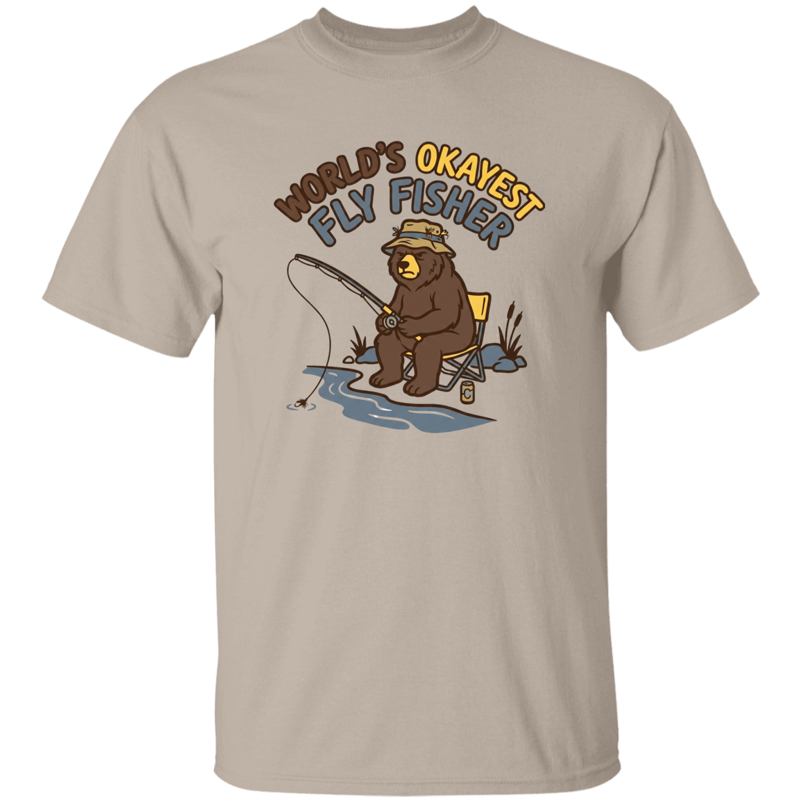 Sand color Funny fly fishing bear graphic t-shirt for men and women – World's Okayest Fly Fisher.
