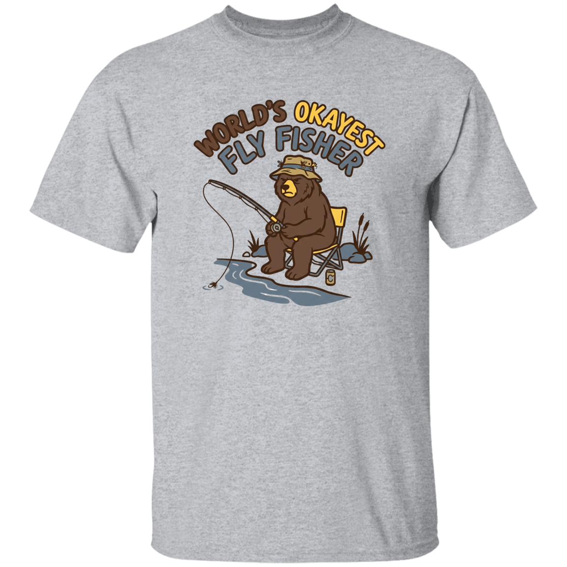 Sport Grey color Funny fly fishing bear graphic t-shirt for men and women – World's Okayest Fly Fisher.
