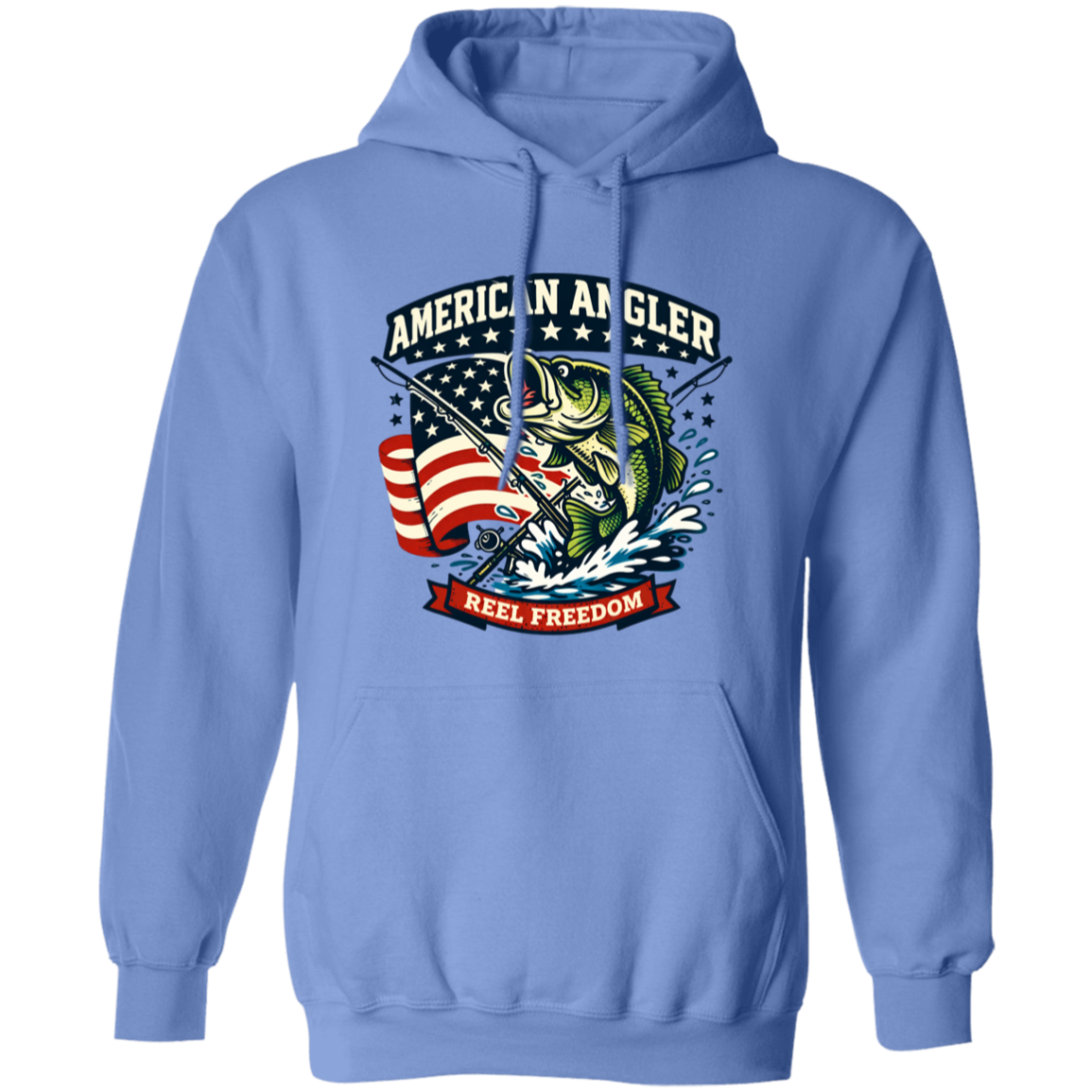 Carolina-blue hoodie with "American Angler – Reel Freedom" graphic featuring a bass jumping beside an American flag.